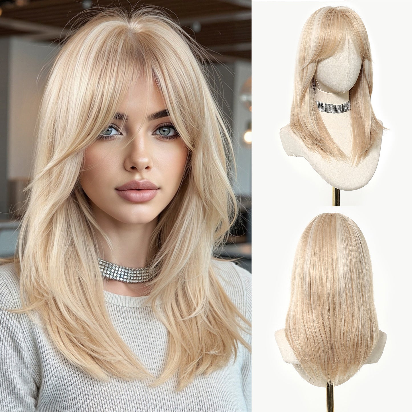 Gradient Gold Female Medium Hair Style Long Straight Wig
