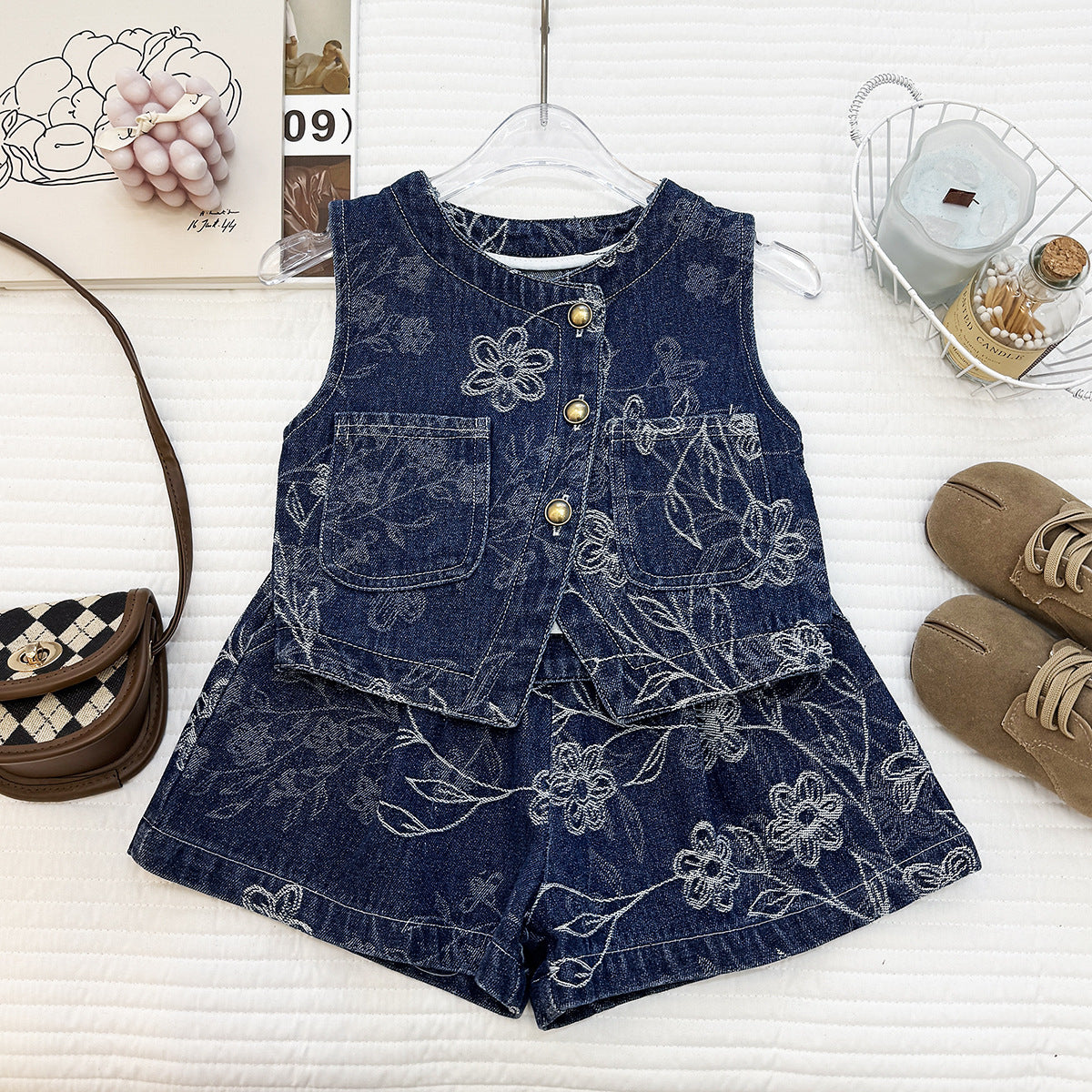 Printed Jeans Summer Stylish Korean Sleeveless Vest Shorts Two-piece Children's Suit