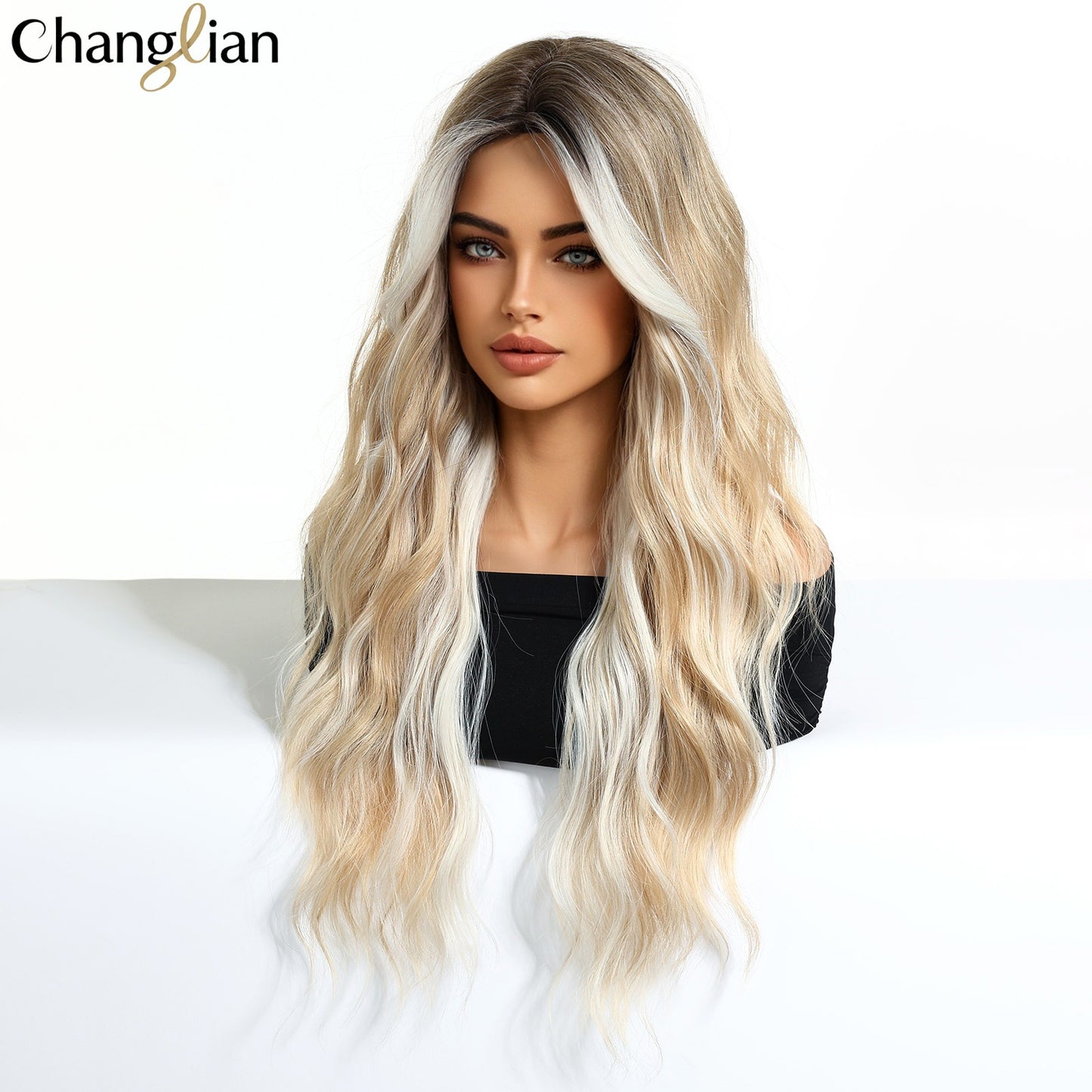 White Gold Color Highlight Big Wave Curly Hair Wig Long Curls