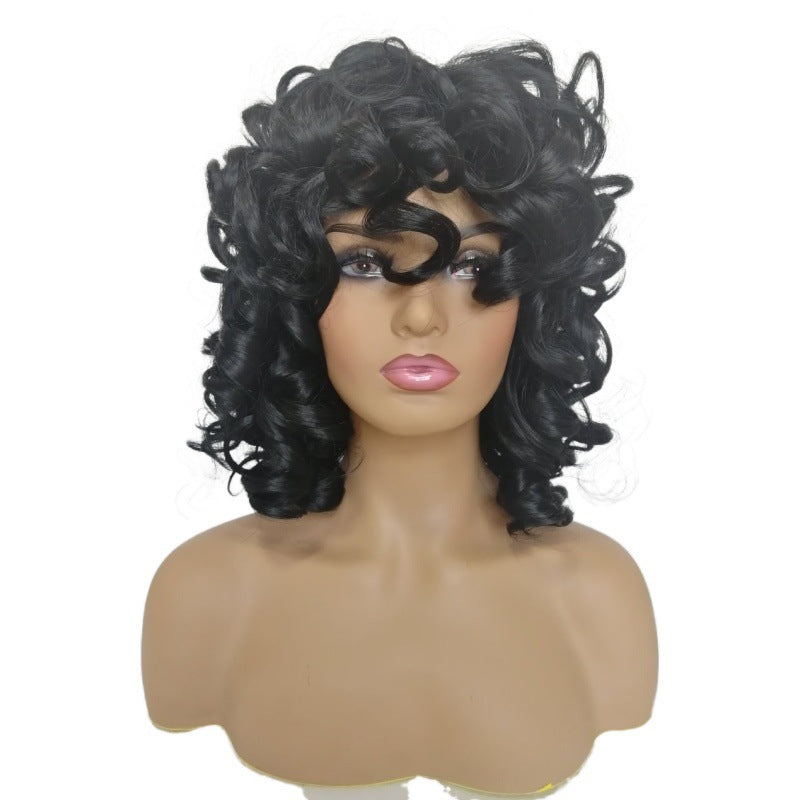 Women's Black Curly Hair Fiber Bangs One Wig Long Curls