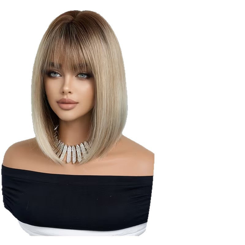 Women's Coffee Color For Platinum Gradient Air Bangs Lock Bone Rose Wig Short Straight Hair