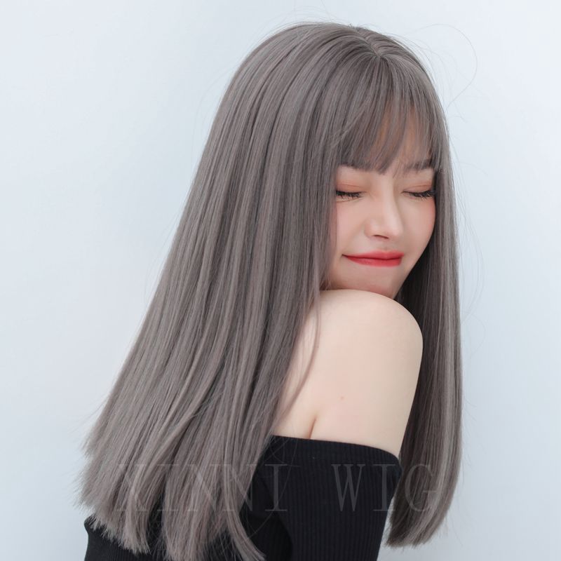 Pink Flax Hair Temperament Medium Length Sheath Long Straight Wig