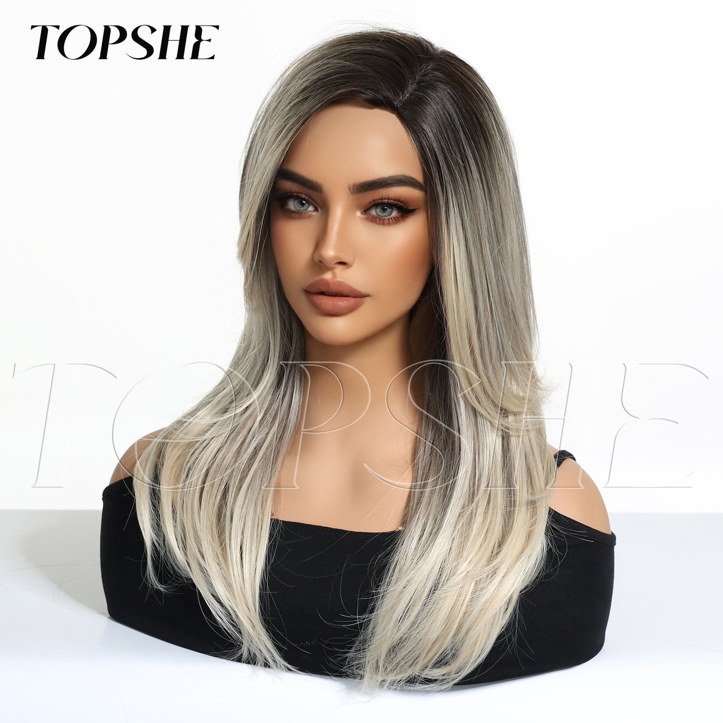 Gradient Highlight Split French Bangs Medium Hair Chemical Fiber Long Straight Wig