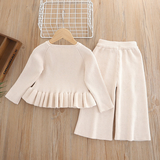 Children's Classic Style Knitted Cardigan Pants Two-piece Children's Suit