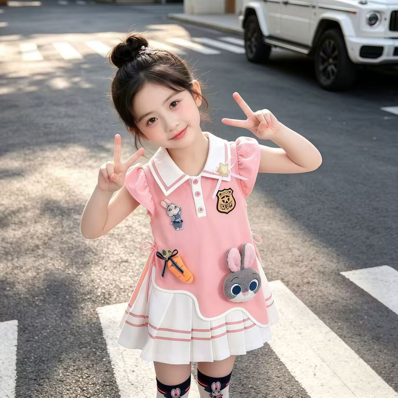 Children's Summer Rabbit Police Officer Drawstring Preppy Children's Dress