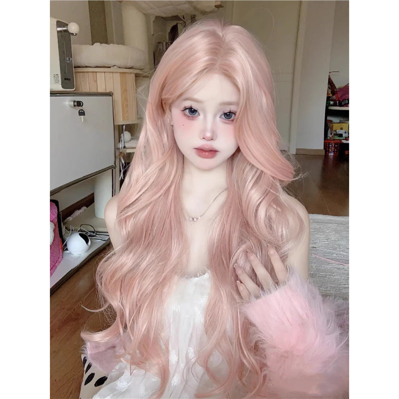 Rose Pink Hair Mid-length Bangs Big Wave Wig Long Curls