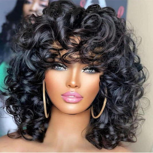 Short Curly Hair Fluffy Fiber Black African Small Curling Iron Long Straight Wig