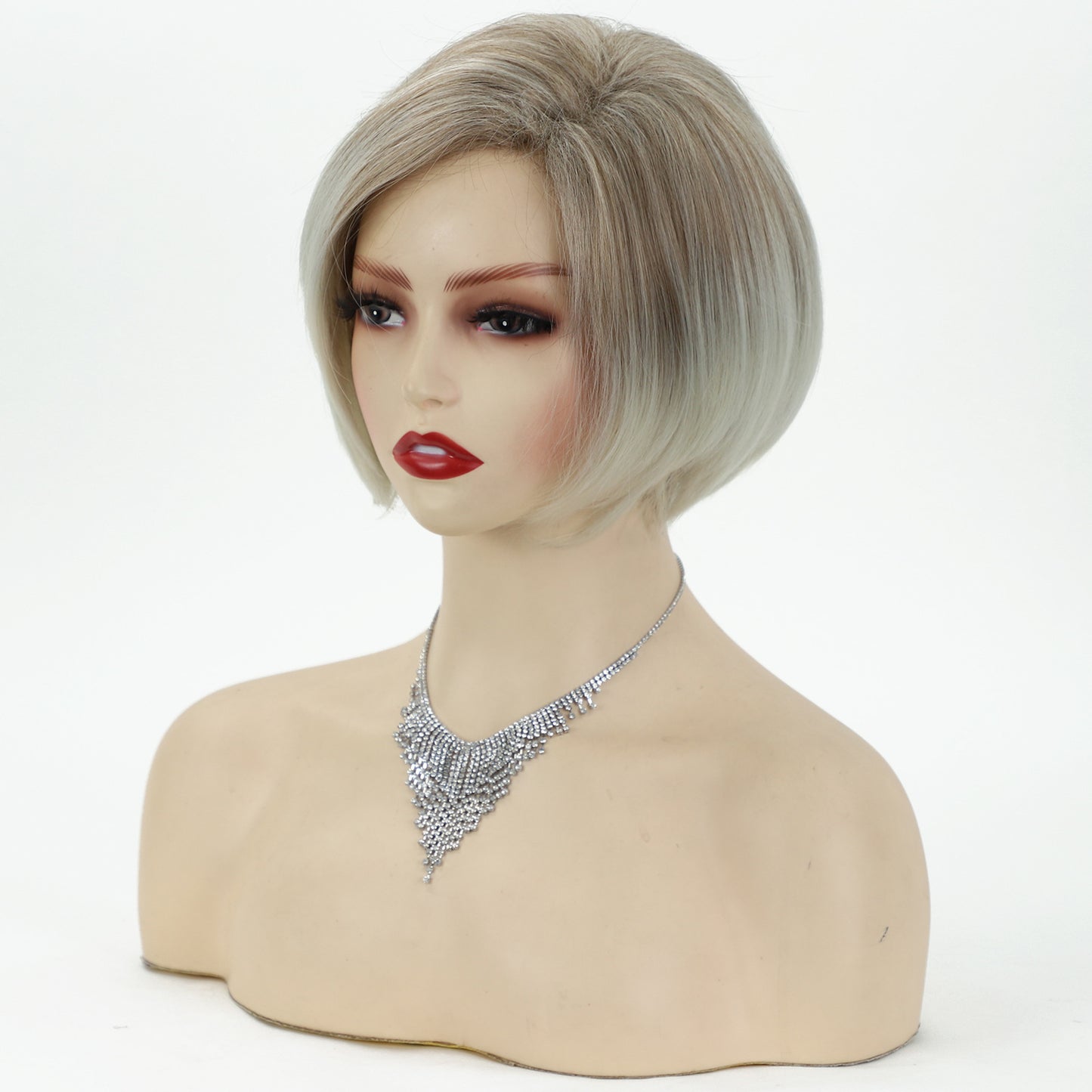 Female Gradient White Gold Color Split Wig Short Straight Hair