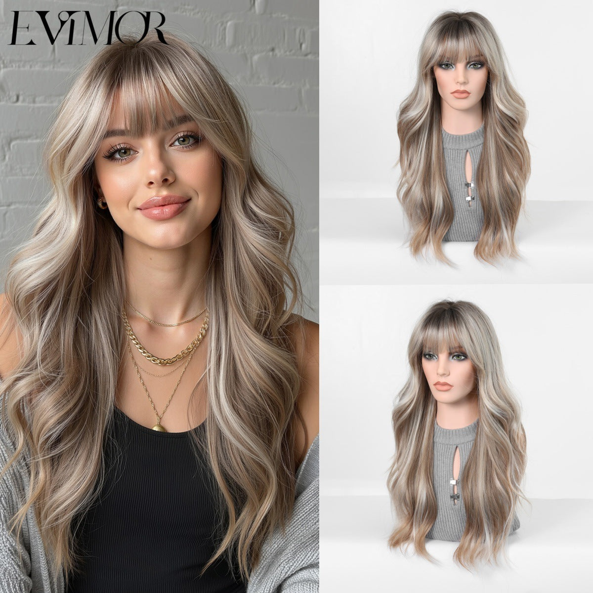 Gradient Gray Gold Curly Air Bangs Wig Long Curls