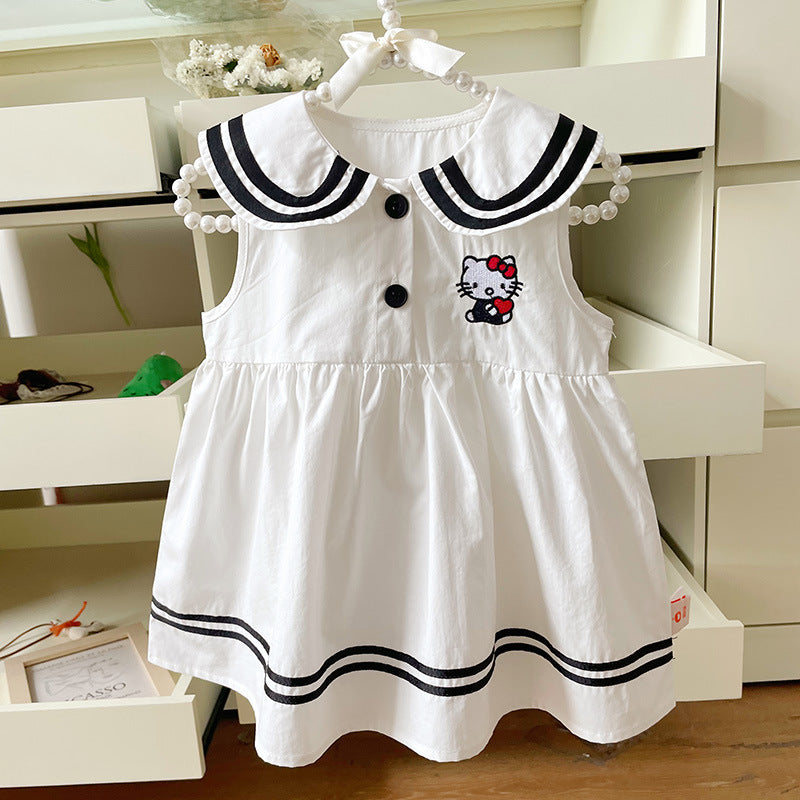 Summer Striped Lapel Cat Embroidered Preppy Children's Dress
