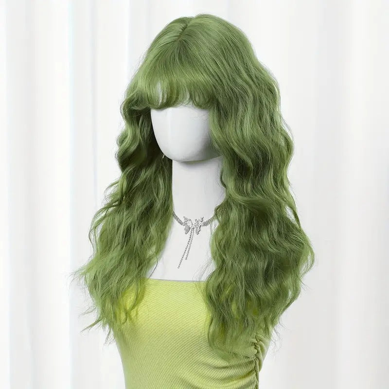 Women's Grass Green Small Bangs Water Ripple Curly Wig Long Curls