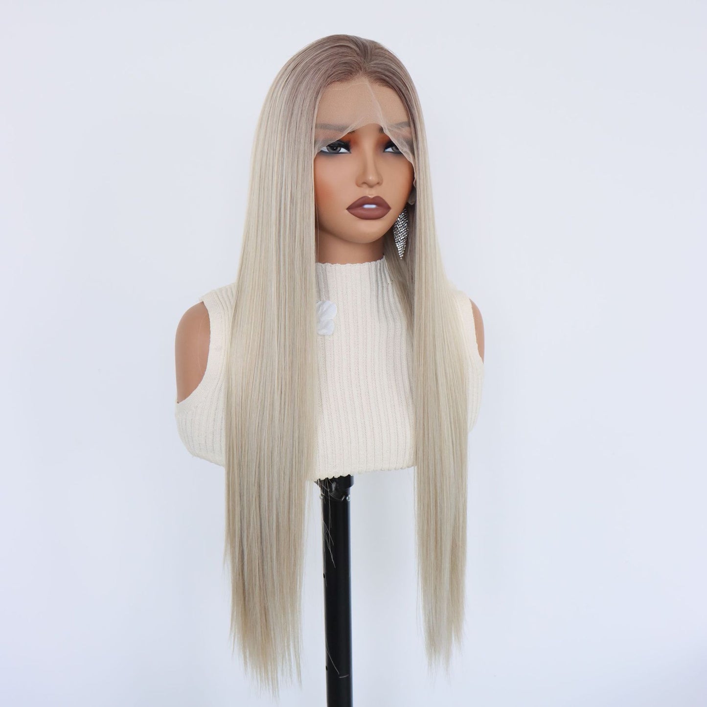 Lace Hand Crochet Gray Gold Gradient Color Hair Natural Fluffy Long Straight Wig