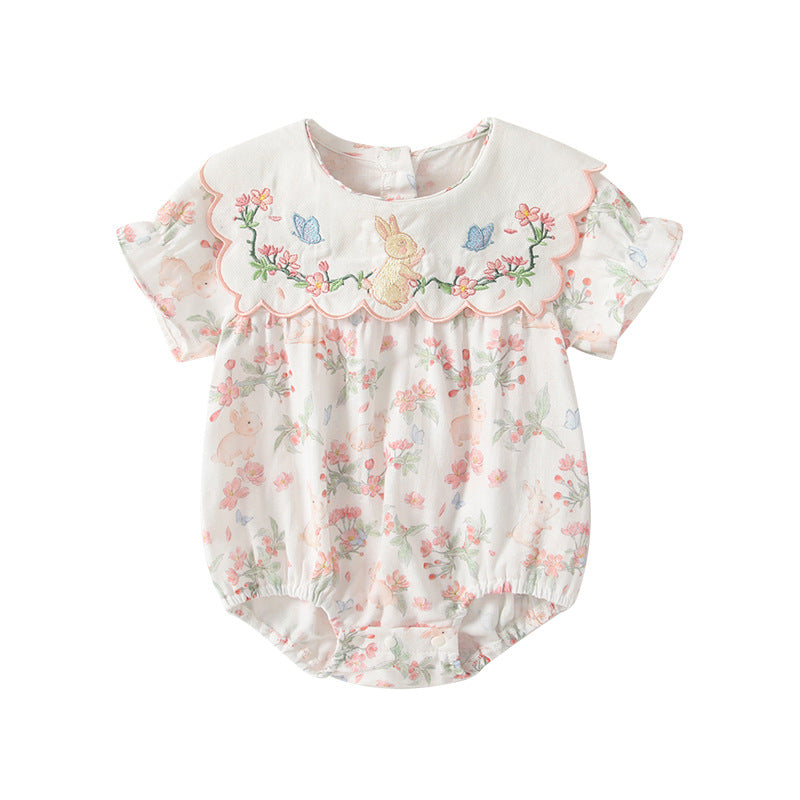 Butterfly Flower Embroidery Jumpsuit Home Comfortable Breathable Short Sleeve Triangle Jumpsuit, Climbing Suit