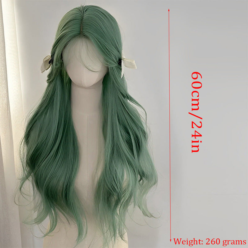 Cover Female Mint Green Chemical Fiber Wavy Curly Hair Natural Wig Long Curls