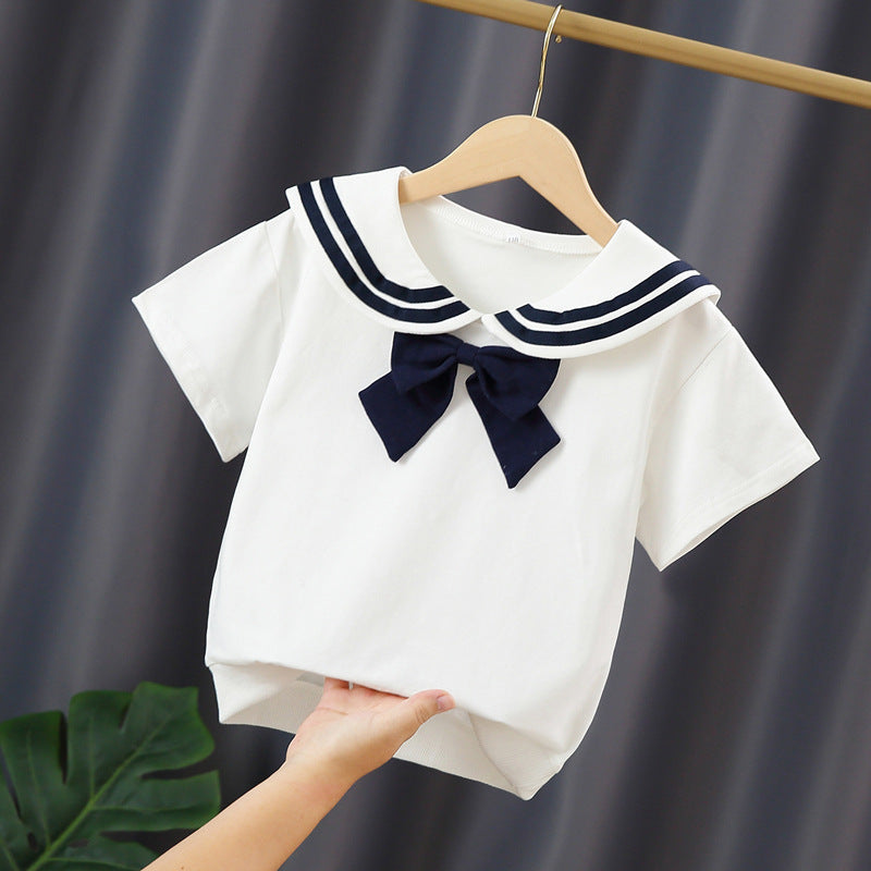 Children's Clothing Short-sleeved Thin Summer Navy Style Lapel Princess Bottoming Shirt Children's T-shirt