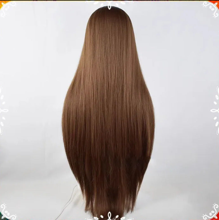 Summer Green Tea Burnt Brown Soft Natural Princess Cut Long Straight Wig