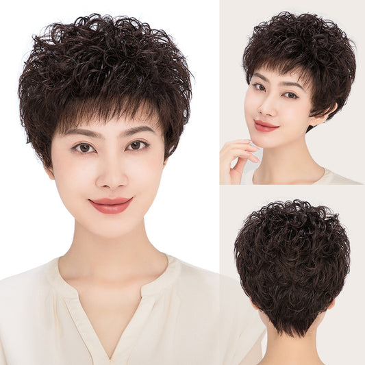 Female Fluffy To Give Mom Human Cover Wig Short Curly Hair