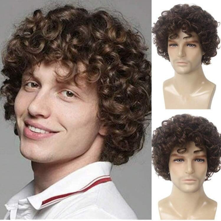 Men's Handsome Fluffy Brown Short Curly Synthetic Men's Wig
