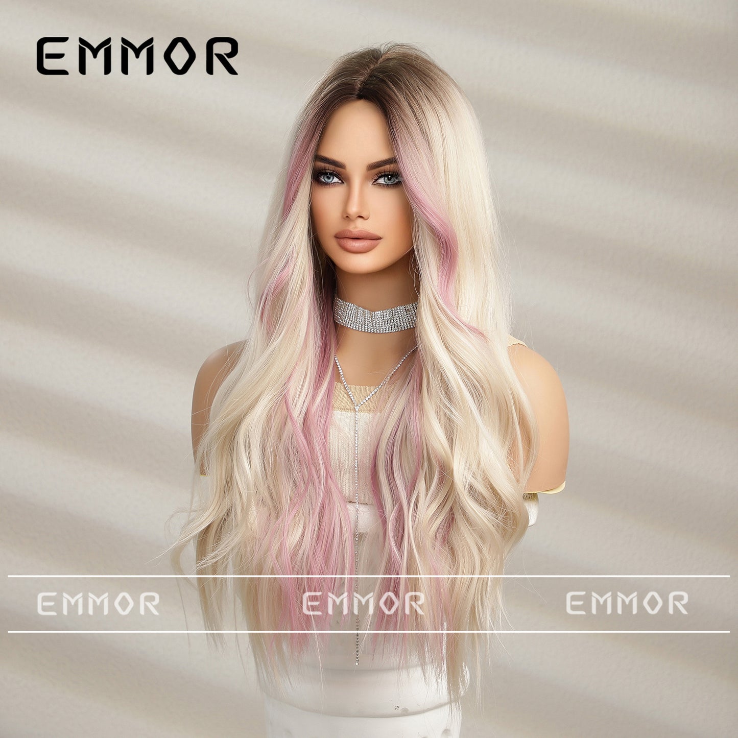 Natural Medium Gradient Gold Highlight Dyed Pink Curly Hair Full Wig Long Curls