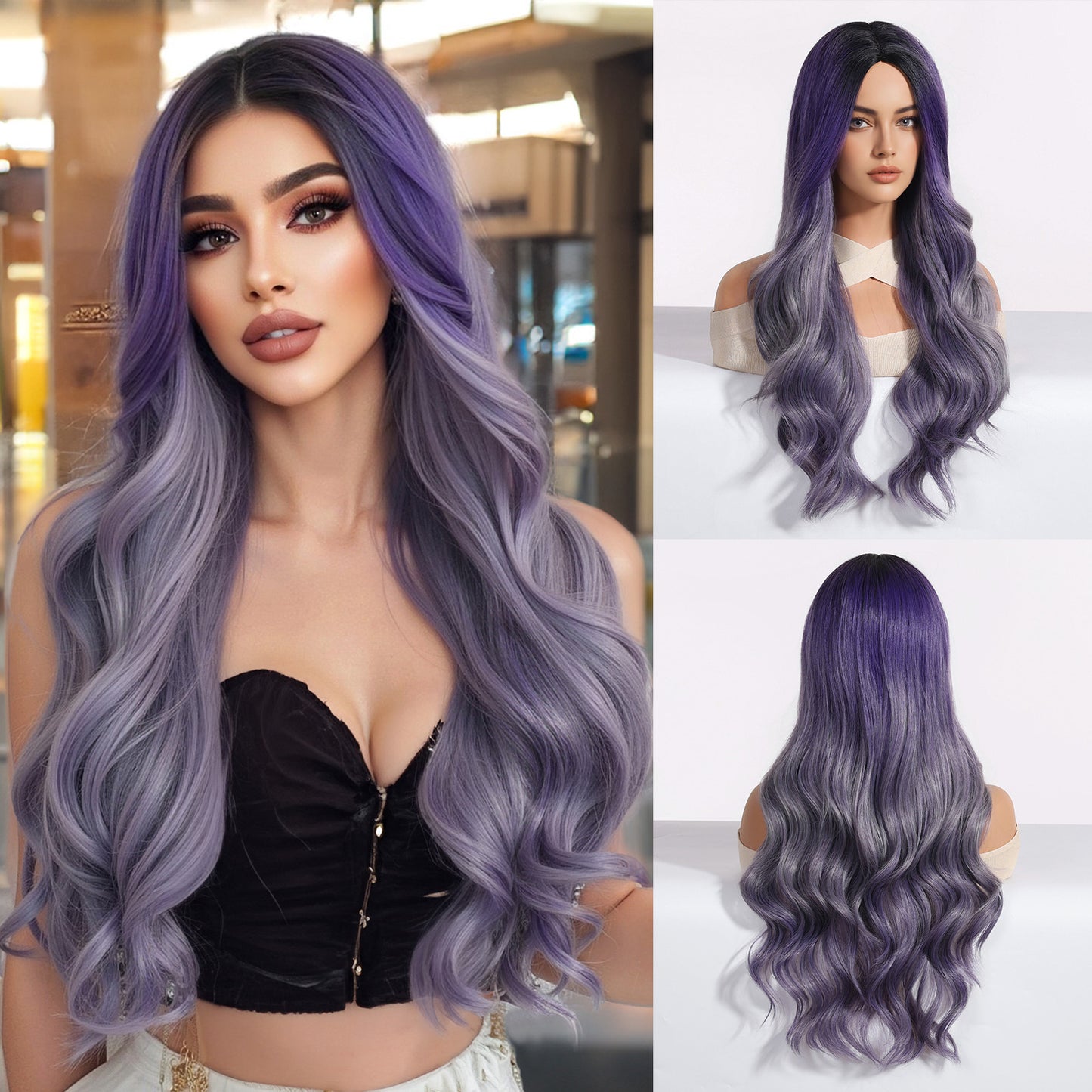 Purple Curly Medium Large Wave Head Wig Long Curls