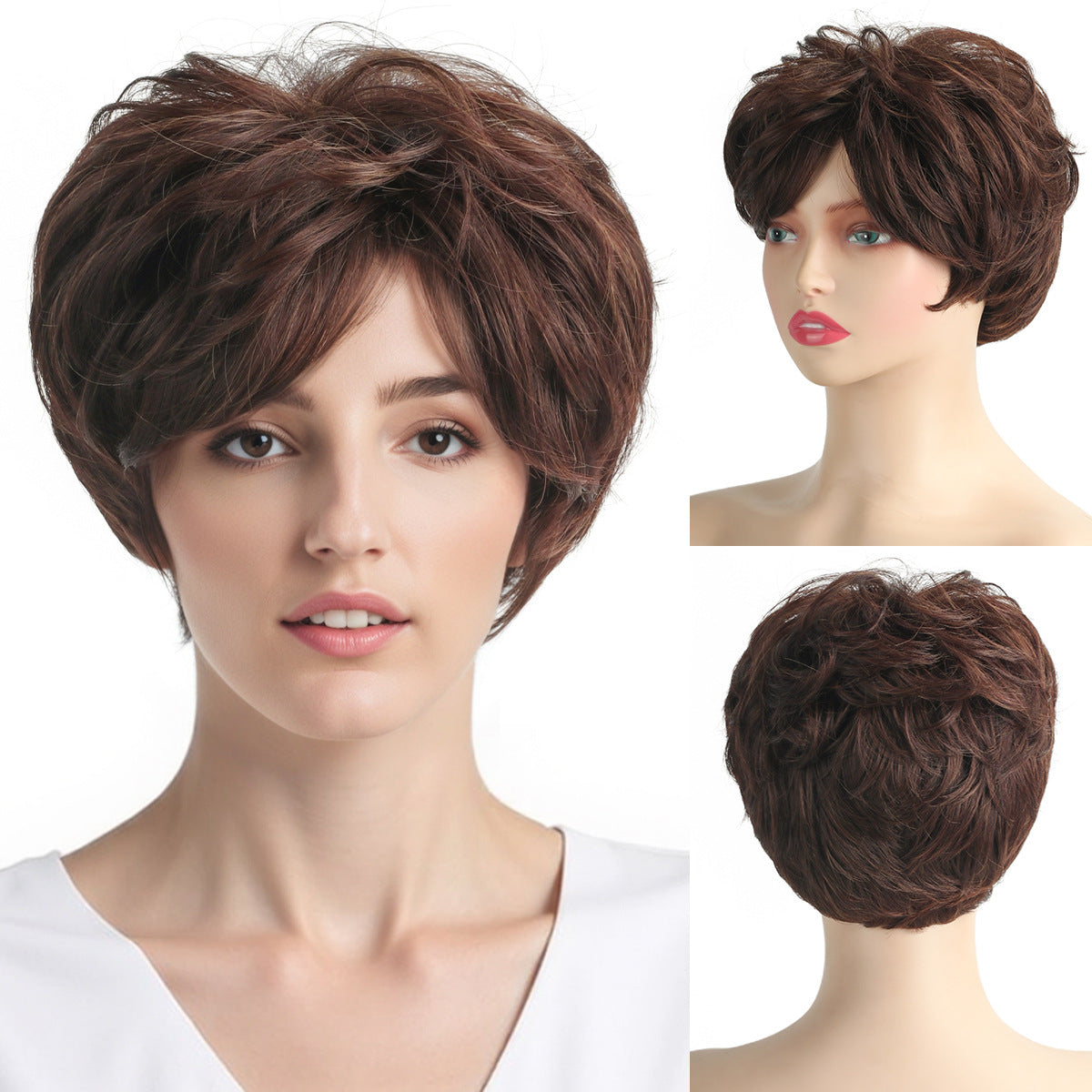 Female Brown Fluffy Chemical Fiber Rose Wig Short Curly Hair