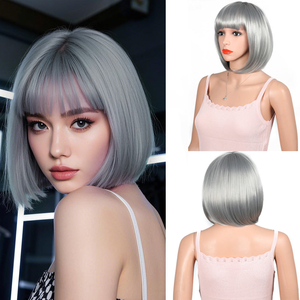 Women's Fashion Long Black Head Cover With Wig Short Straight Hair