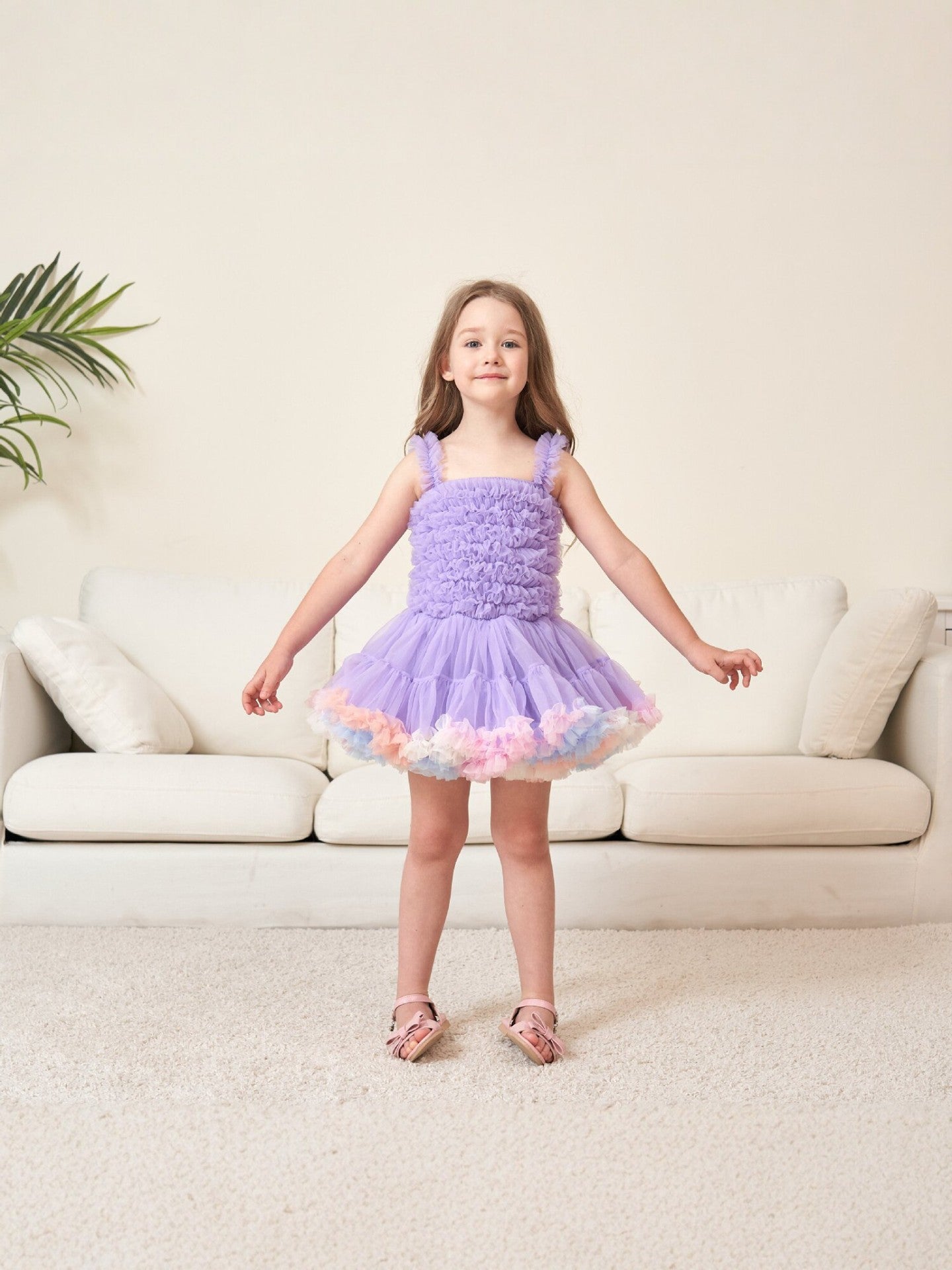 Children's Purple Princess Suspender Layered Mesh Bubble Skirt Performance Children's Dress