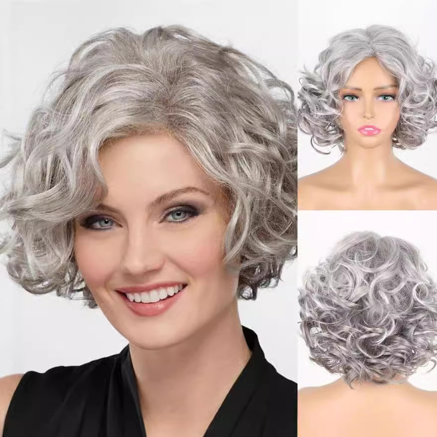 Women's Fashion Synthetic Wigs Gray White Medium Wig Short Curly Hair