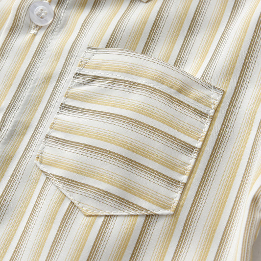 Children's Style Korean Summer Striped Lapel Short Sleeve Cotton Cardigan Suspender Children's Suit