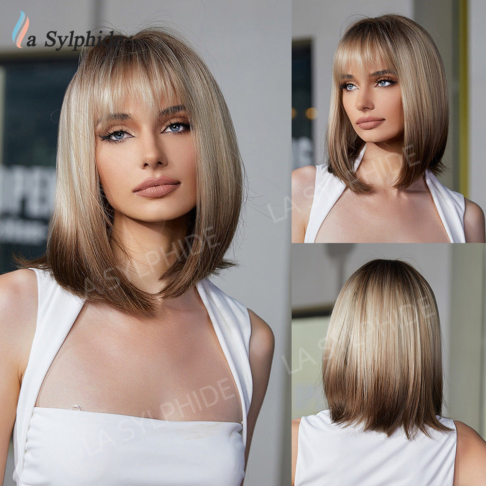 Women's Bangs Brown Gradient Sier Head Daily Wig Short Straight Hair