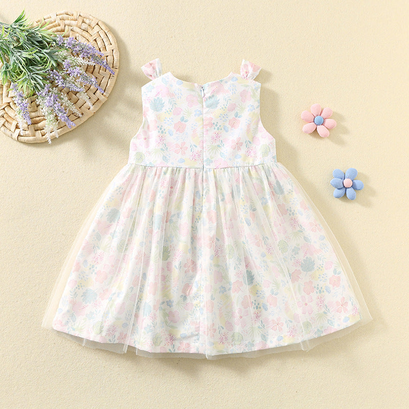 Summer Pink Smocking Princess Cute Bunny Embroidered Mesh Shirt Cotton Children's Dress