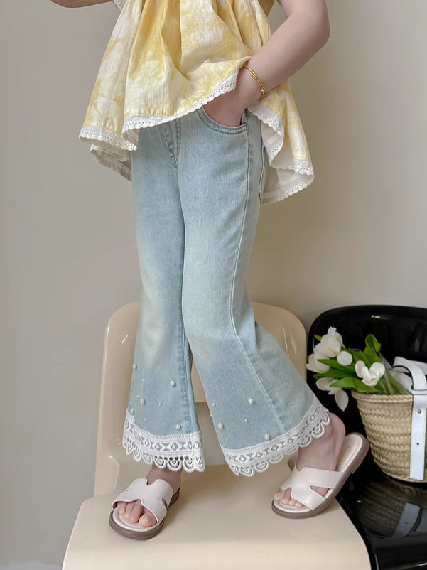 Retro Skinny Jeans Summer Beading Lace Design Thin Draped Children's Pants