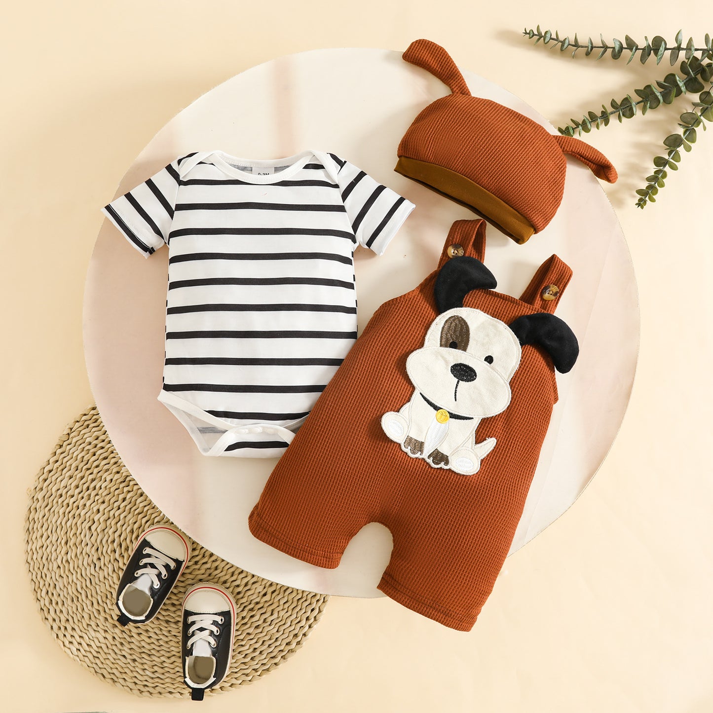 Boy Short Sleeve Striped Animal Pattern Triangle Jumpsuit Waffle Zhang Children's Suit