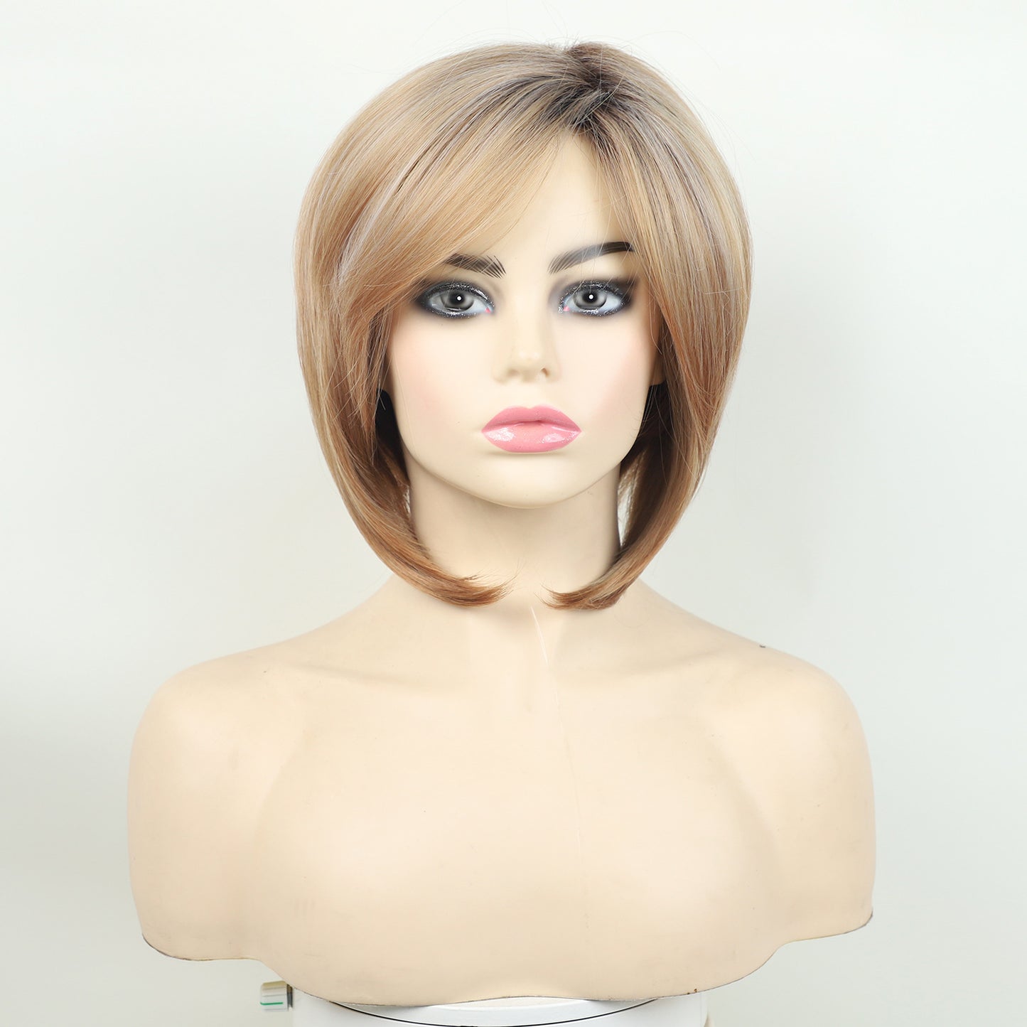 Women's Golden Brown Highlights Side Bangs Chemical Wig Short Curly Hair