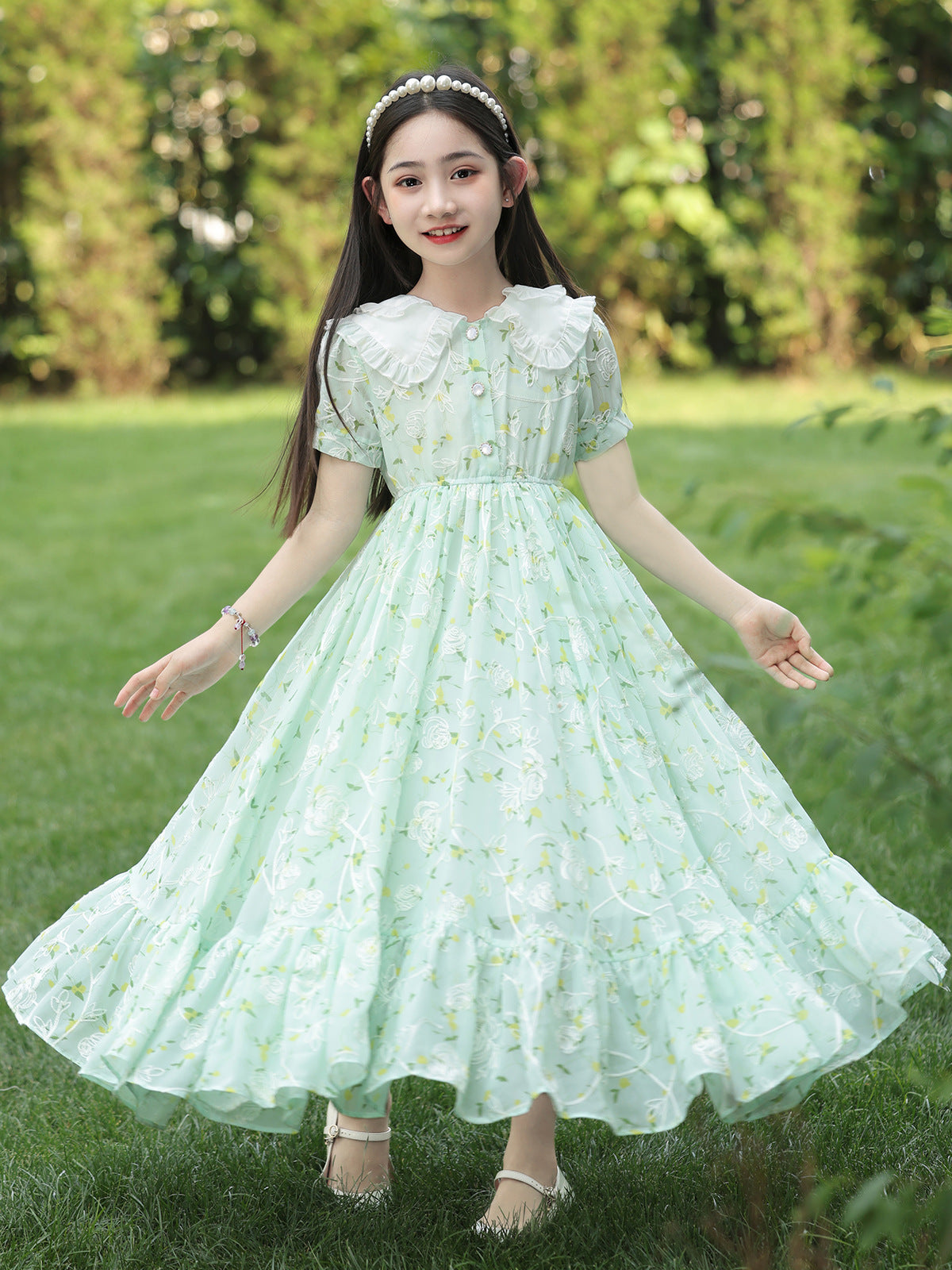 Children's Summer Princess Western Style Medium Big Floral Children's Dress