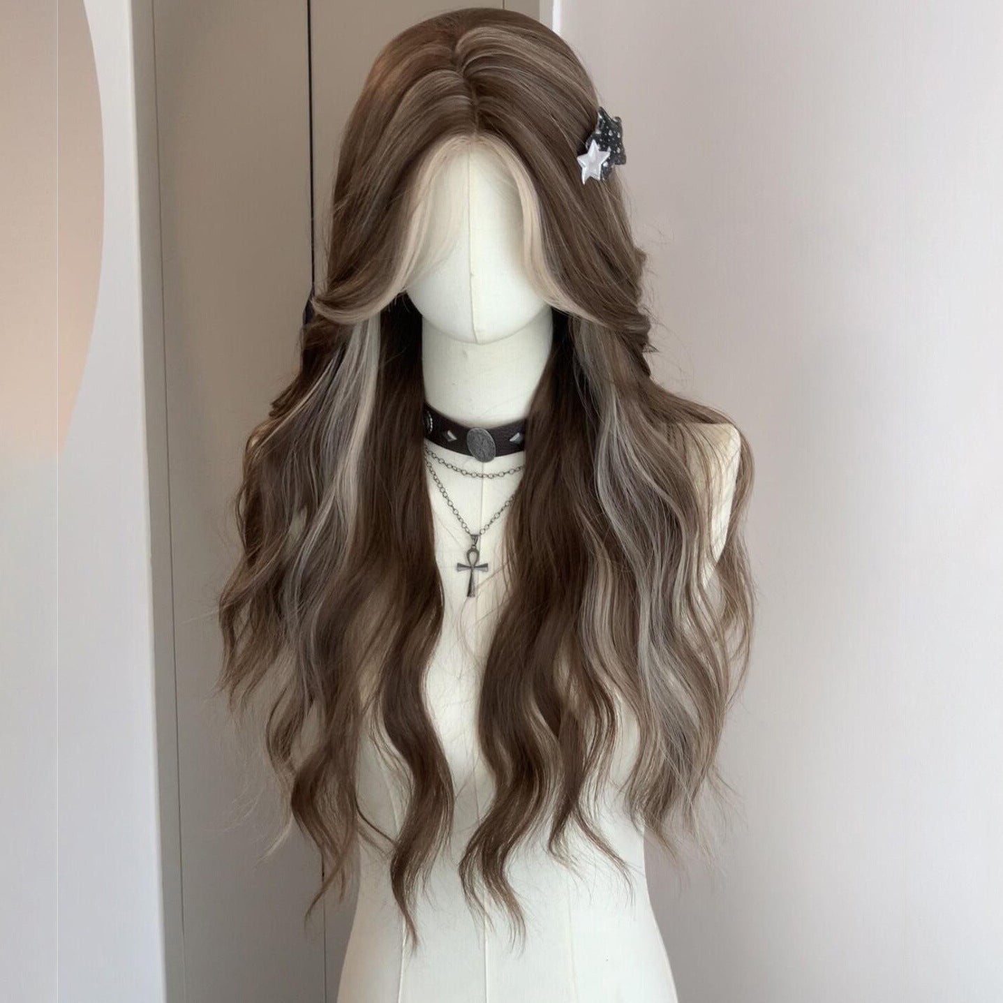 Forehead Lace Natural Fluffy Big Wave Gradient Highlight Medium Bangs Wig Long Curls