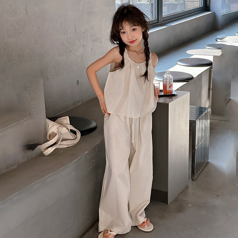 Summer Cotton Linen Sleeveless Pants Middle Big Korean Children's Suit