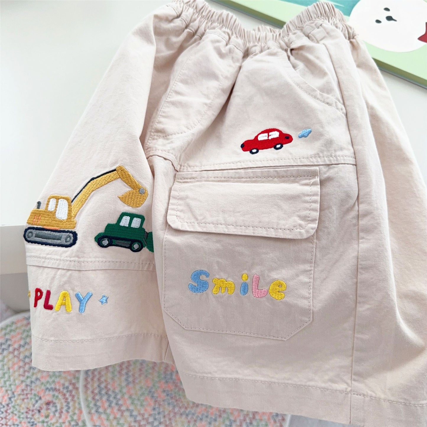 Women's & Men's Summer Cartoon Excavator Car Patch Embroidery Shorts Children's Pants