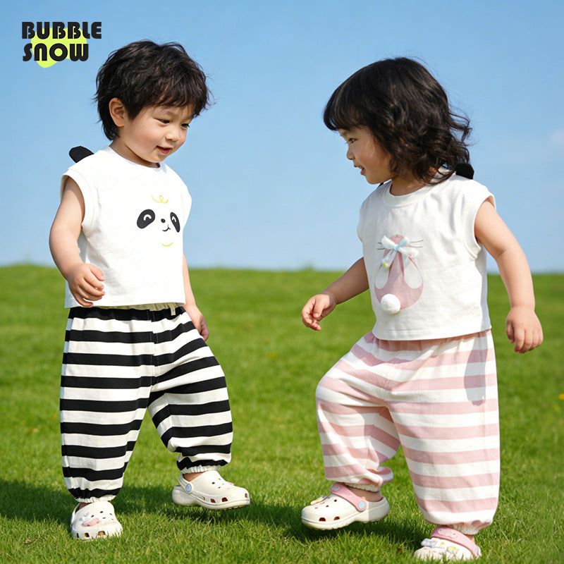 Boys Summer Panda Vest Casual Striped Children's Suit