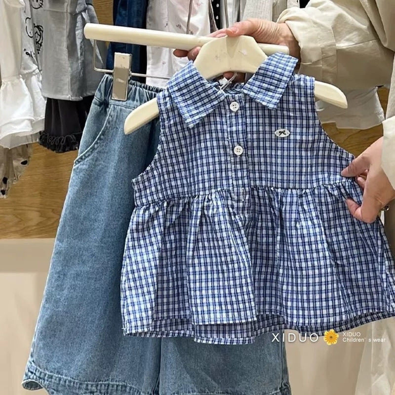Children's Plaid Vest Versatile Thin Jeans Korean Children's Suit