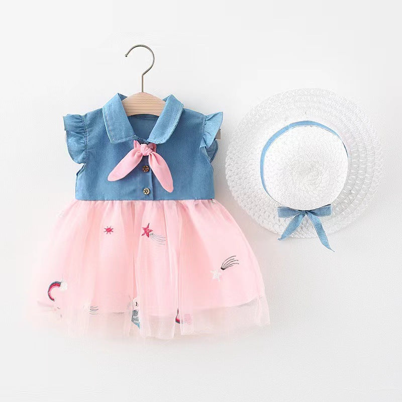 Children's Clothing Summer Denim Mesh Stitching Princess Children's Dress