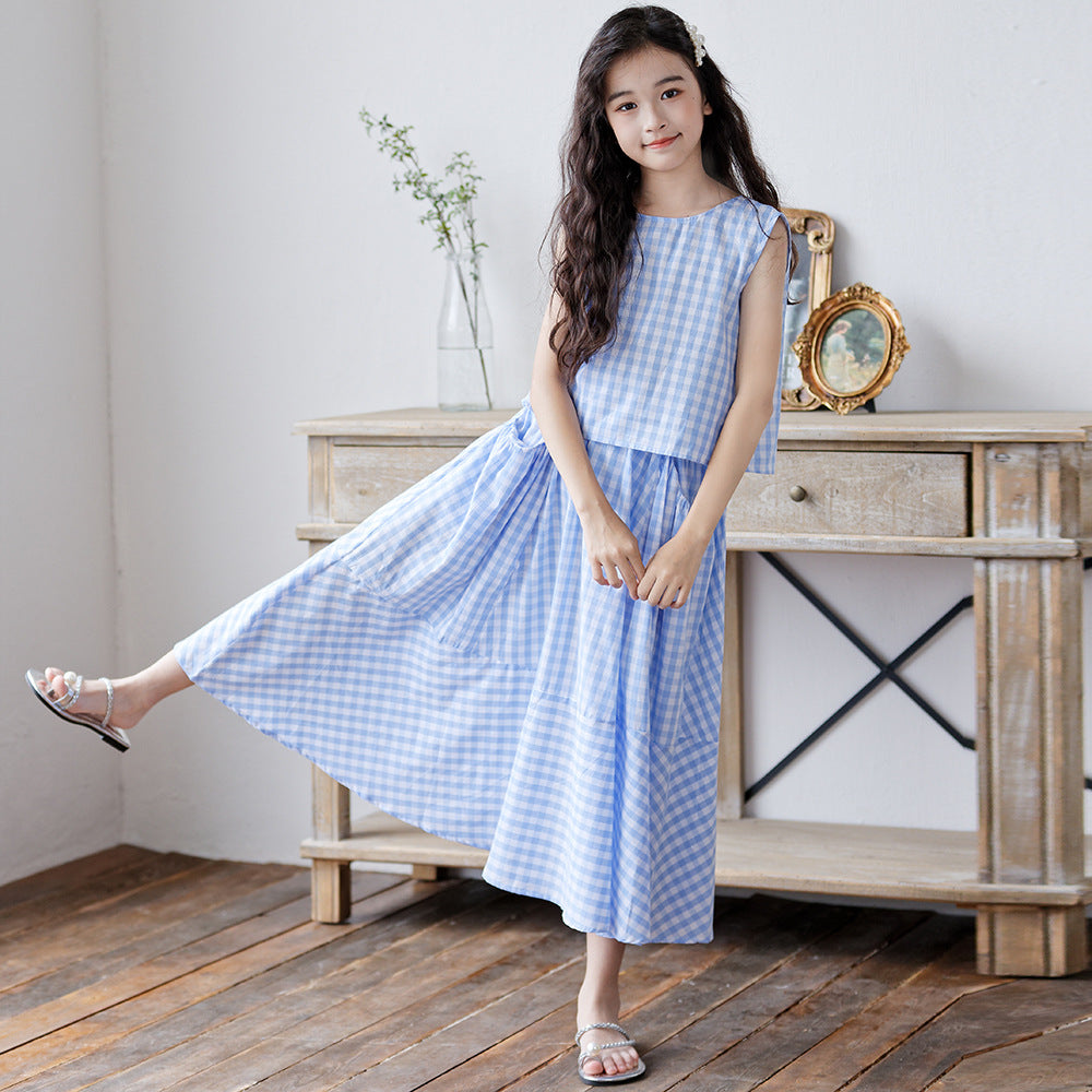 Summer Set Medium Large Sweet Blue White Plaid Suit Skirt Children's Dress