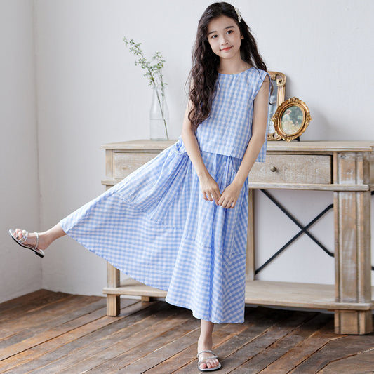 Summer Set Medium Large Sweet Blue White Plaid Suit Skirt Children's Dress