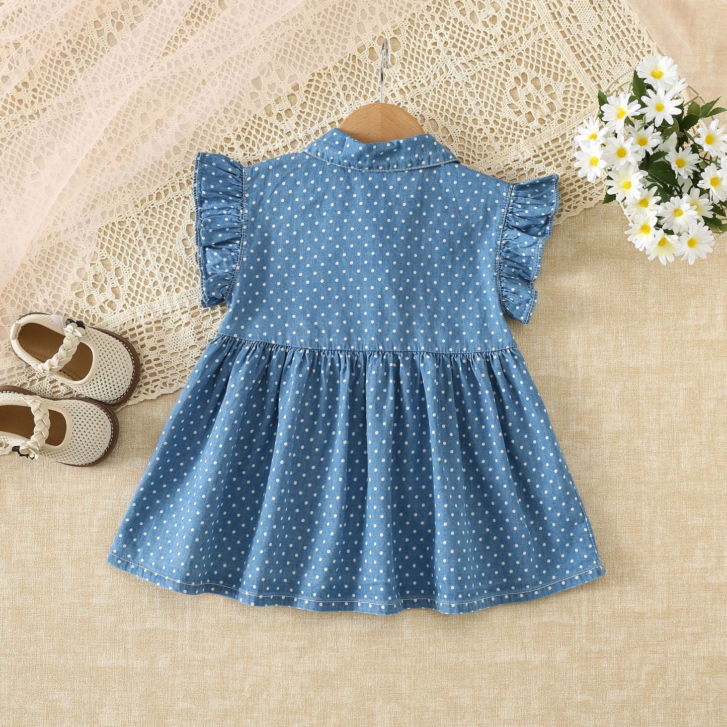 Children's Summer Lapel Flounced Sleeve Denim Shirt Fashionable Children's Dress