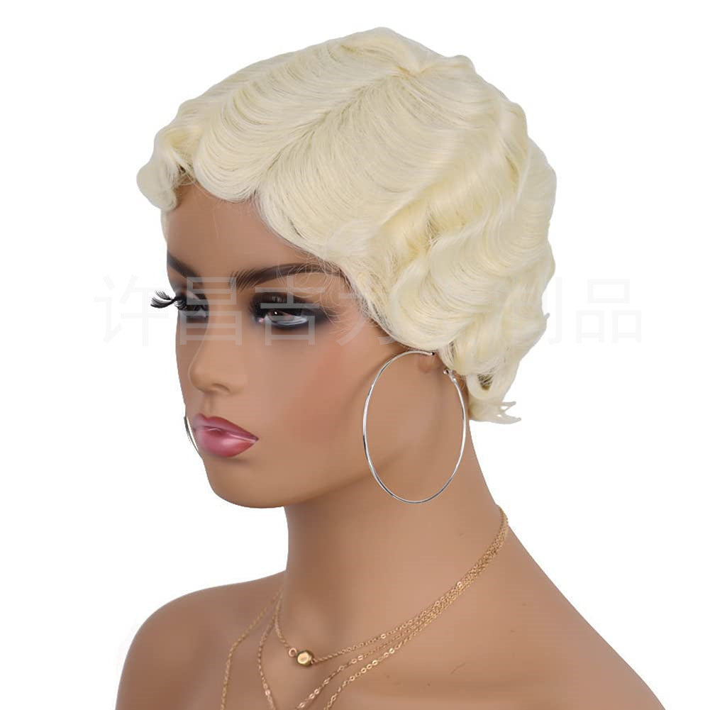 Head Cover Vintage Water Ripple Synthetic Wig Short Curly Hair