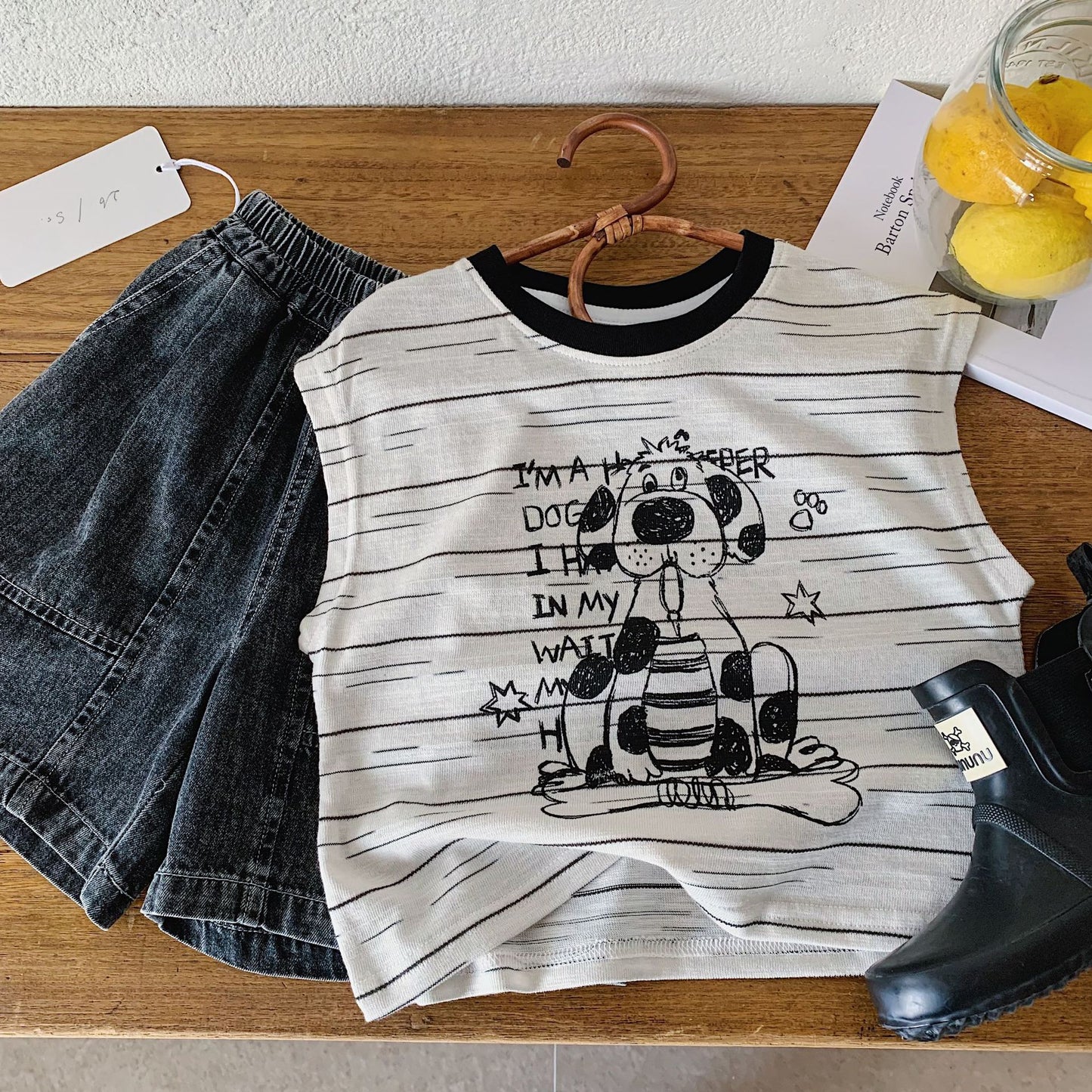 Children's Summer Fashion Cartoon Striped Two-piece Woven Children's Suit