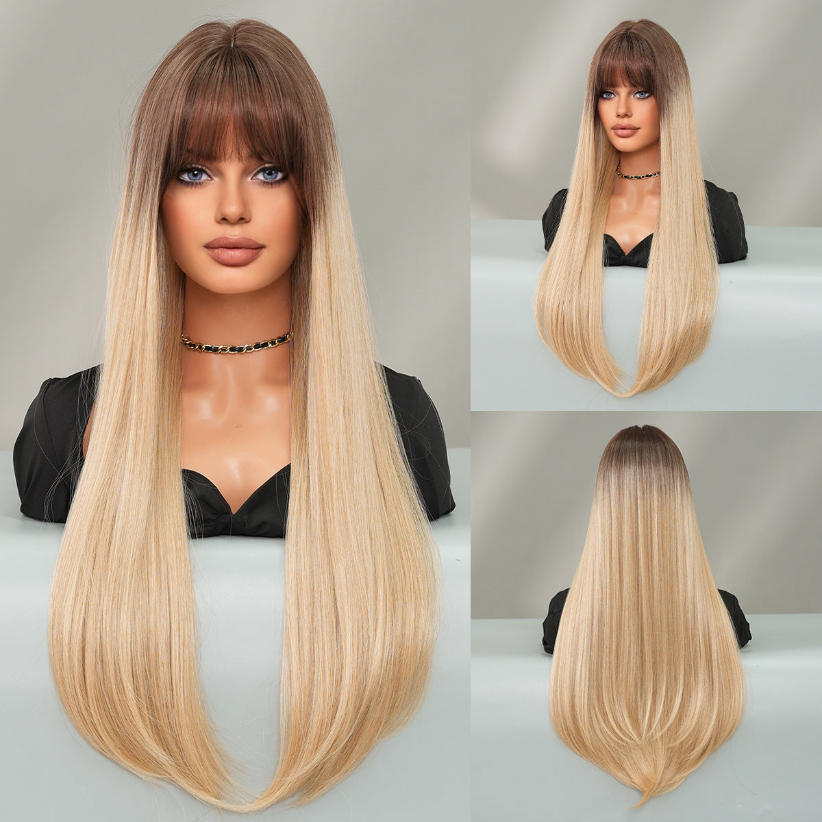 Women's Caramel Mocha Bangs Inner Buckle Layered Long Straight Wig