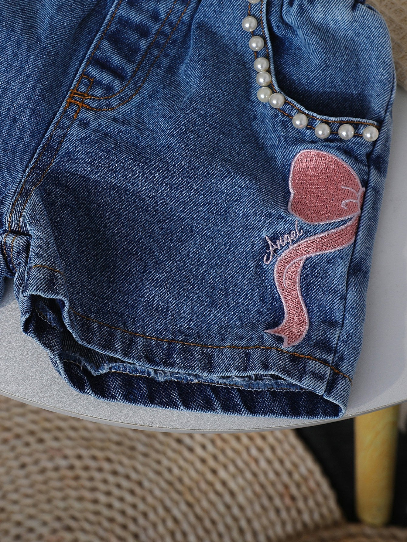 Neck Printed Knitted Top Denim Beaded Embroidered Jeans Children's Suit