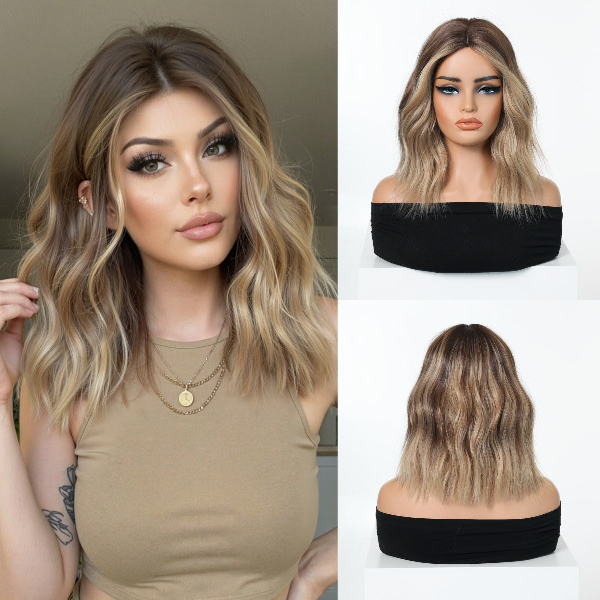 Light Gold Gradient Mid-length Wavy Fashion Lady Natural Wig Short Curly Hair