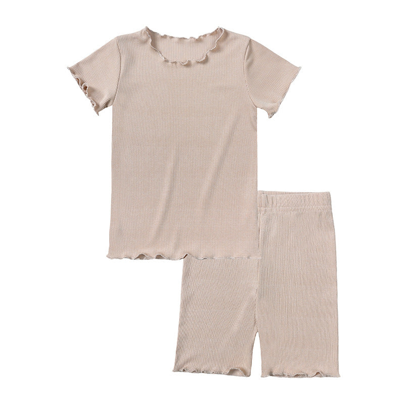 Children's Style Sunken Stripe Wooden Ear Shorts Set Candy Children's Suit
